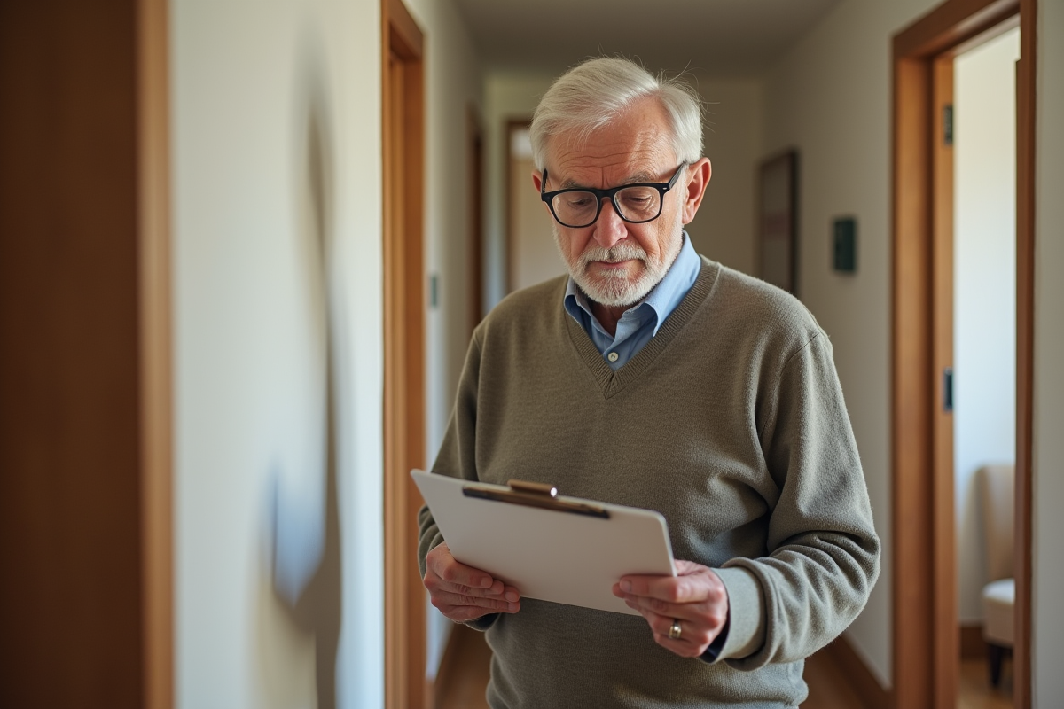 Homme âgé observant les détails architecturaux dans le couloir