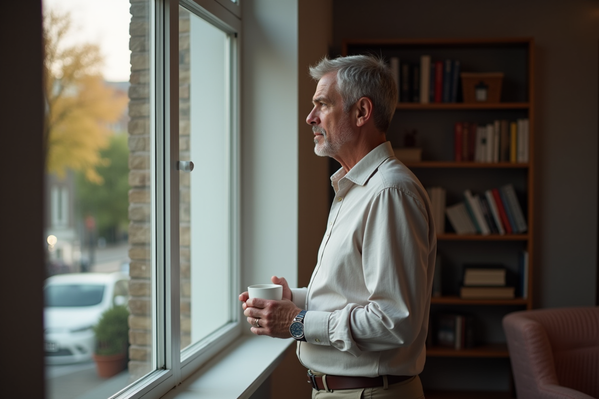 Homme pensif tenant un mug près d