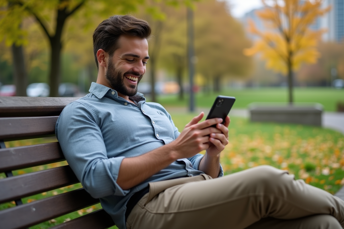 Jeune homme lisant sur smartphone dans un parc