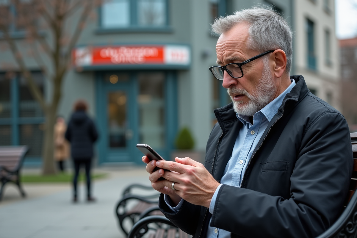 Homme assis sur un banc de parc avec téléphone en ville