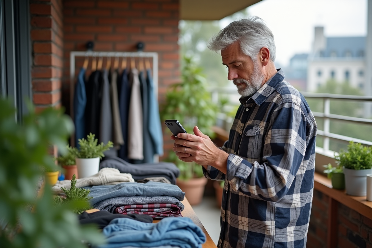 Homme photographie des vêtements vintage sur un balcon urbain