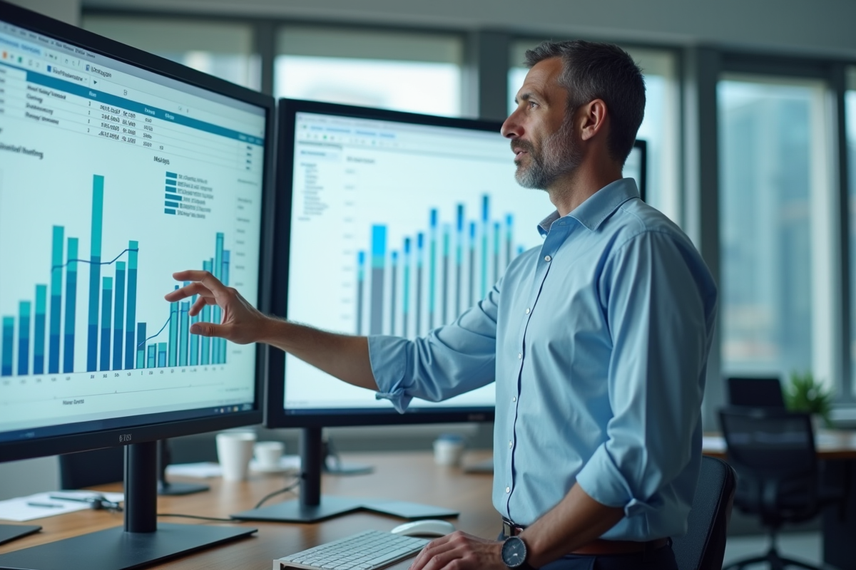 Homme analysant un graphique Excel sur un grand écran en bureau
