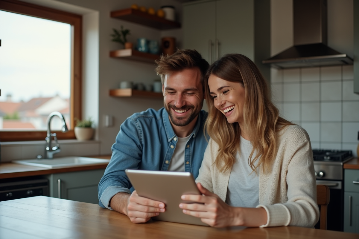 Jeune couple discutant de prêt immobilier avec une tablette dans la cuisine