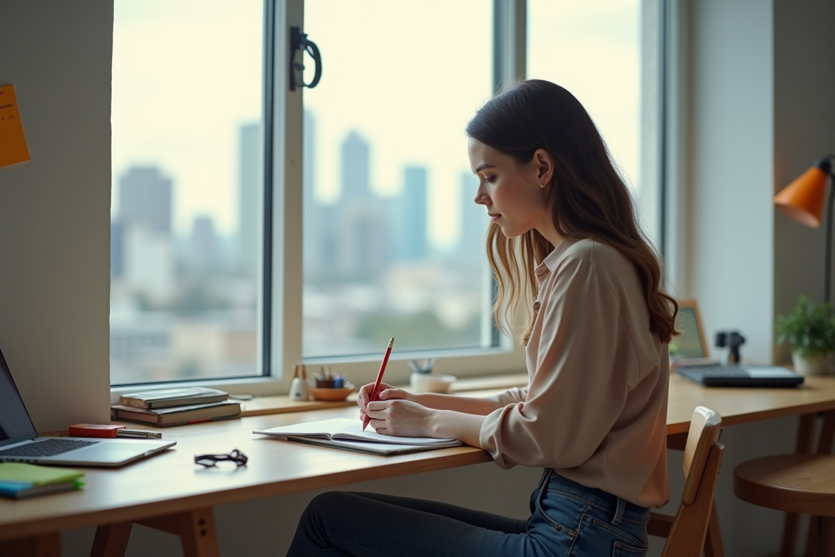 Jeune femme esquissant des idées dans un studio créatif