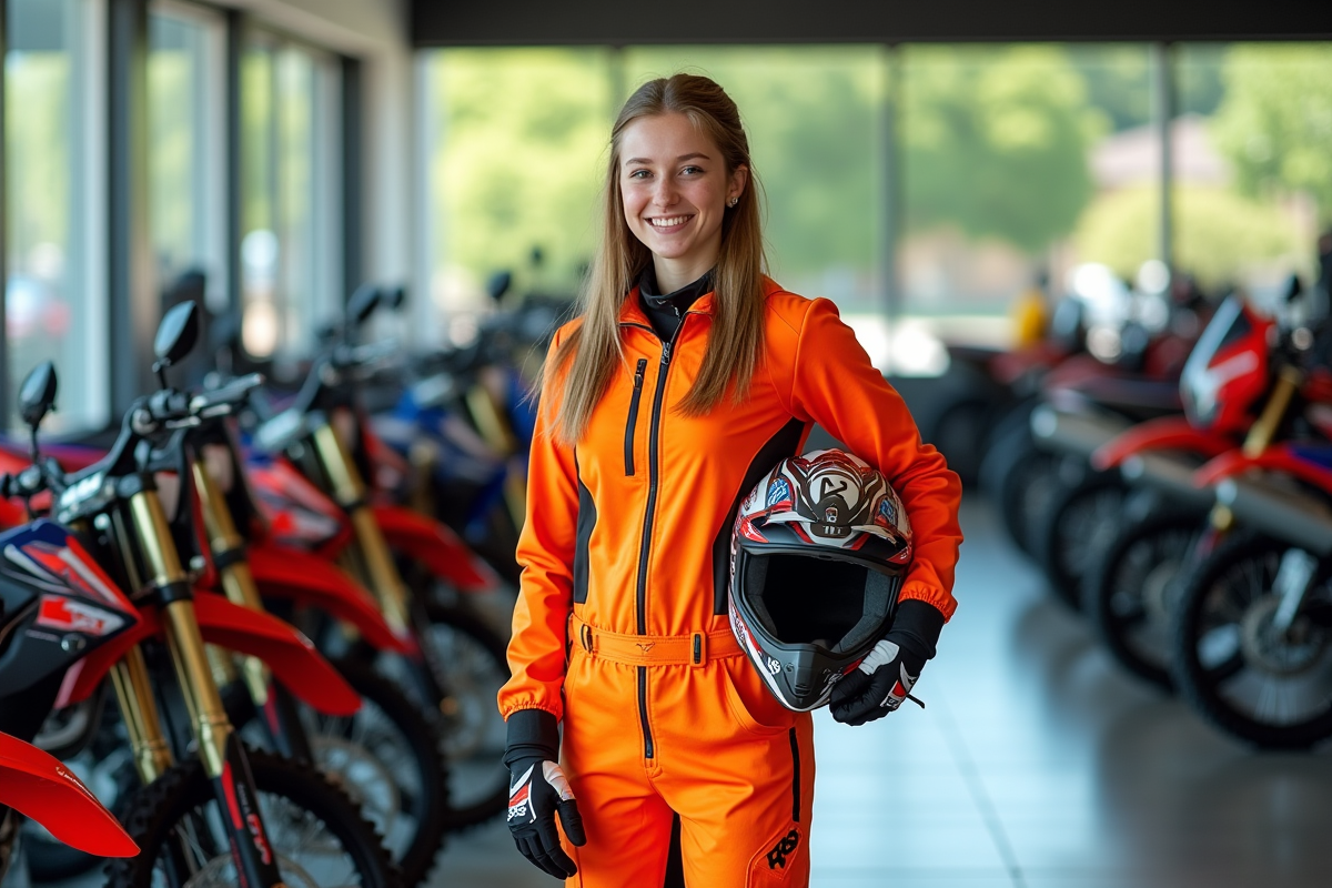 Jeune femme en combinaison de course souriante devant sa moto en showroom