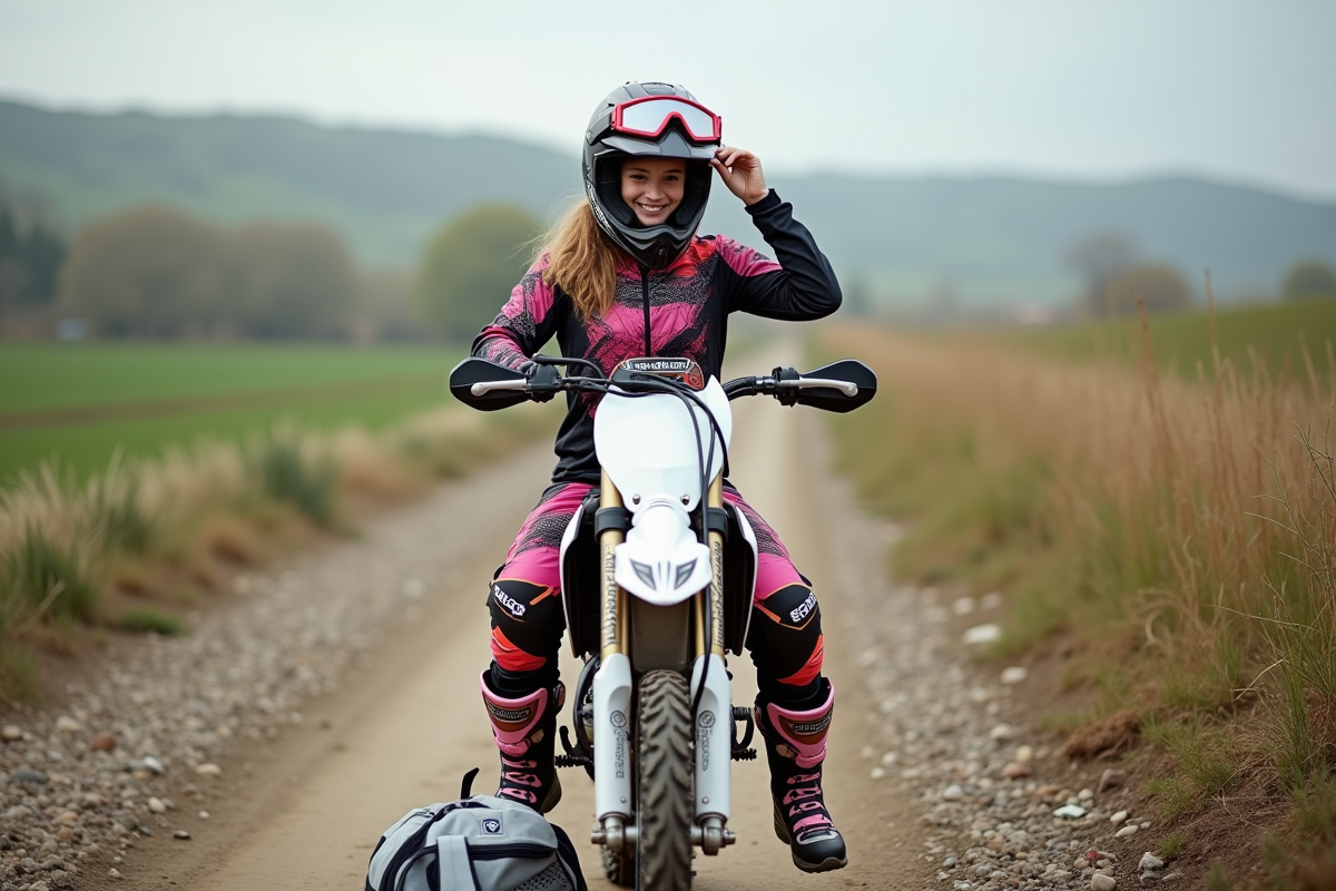Jeune femme assise sur moto motocross ajustant ses lunettes