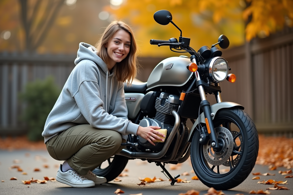 Jeune femme nettoie une petite moto Honda dans la cour