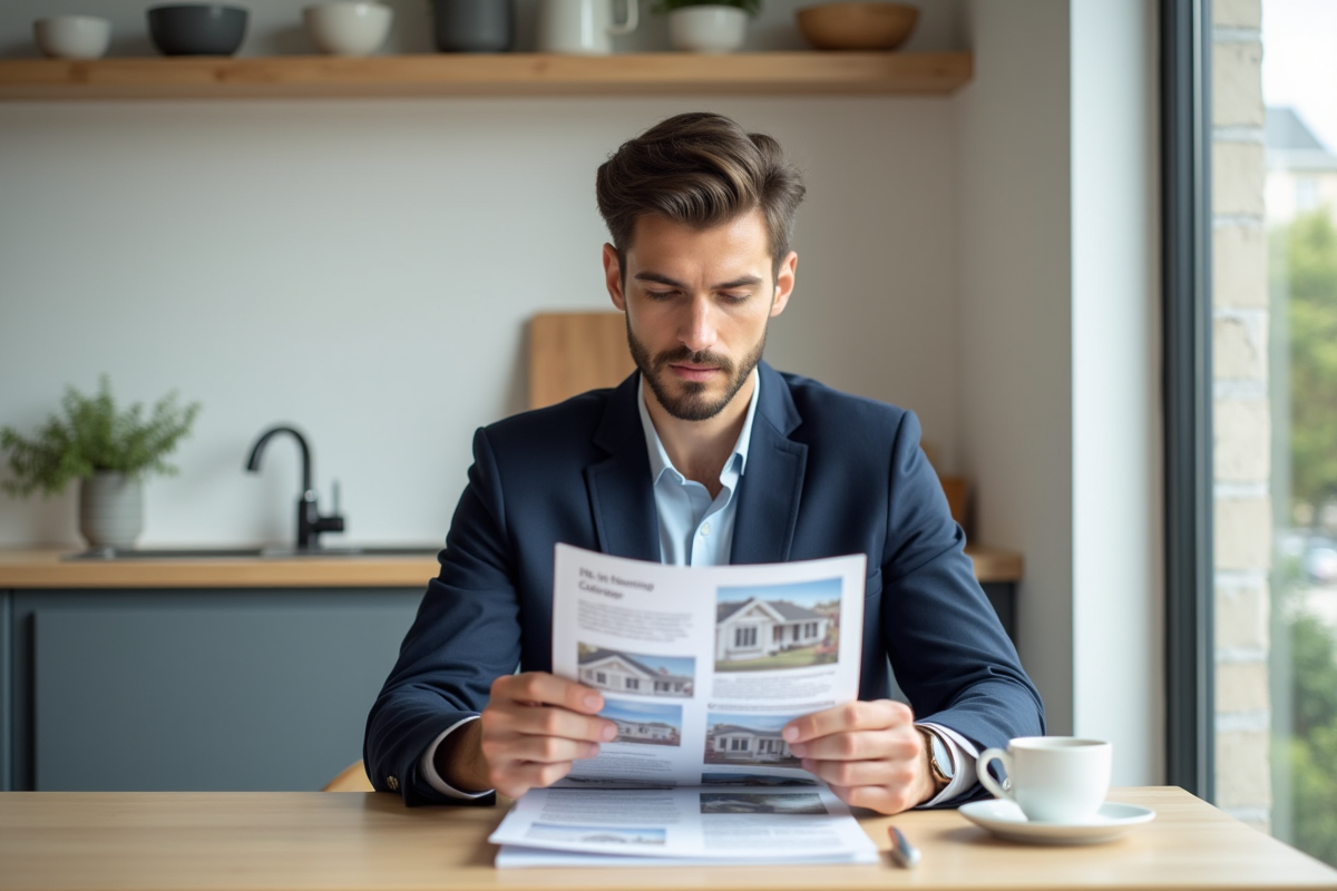 Jeune homme consulte annonces immobilières dans une cuisine