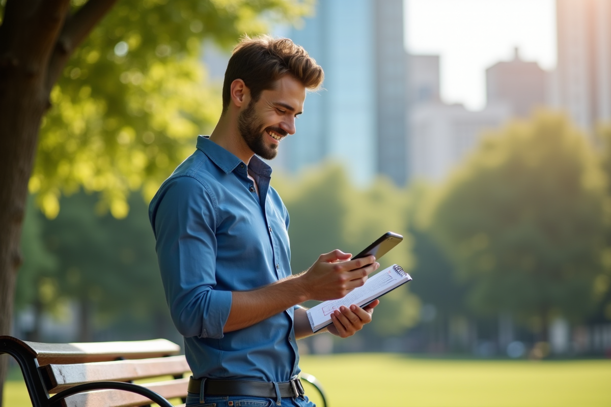 Jeune homme souriant dans un parc urbain avec smartphone