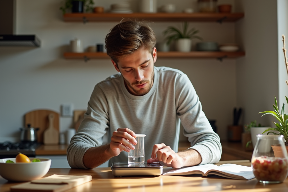 Jeune homme utilisant une balance de cuisine pour peser