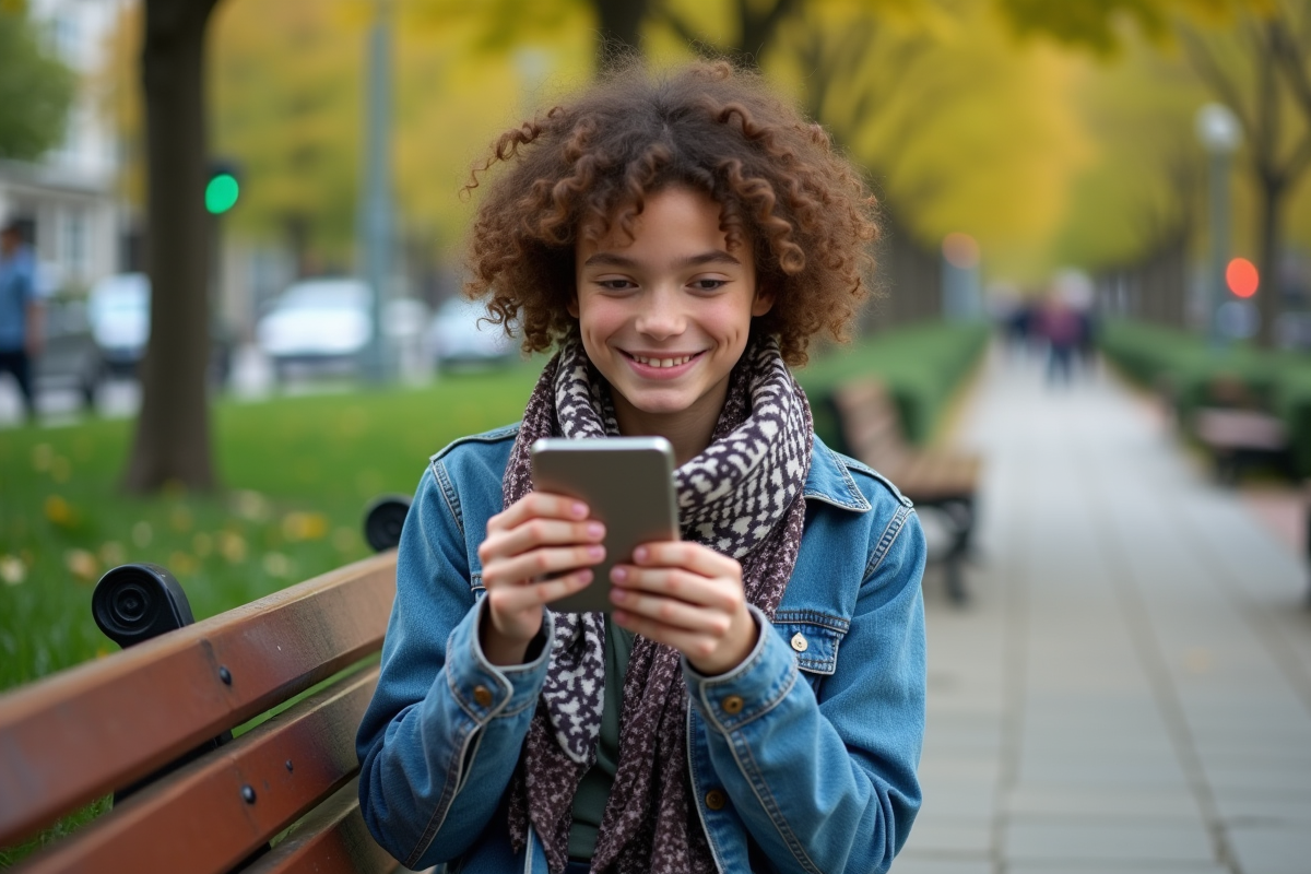 Adolescent nonbinaire souriant en ajustant une écharpe dans un parc urbain