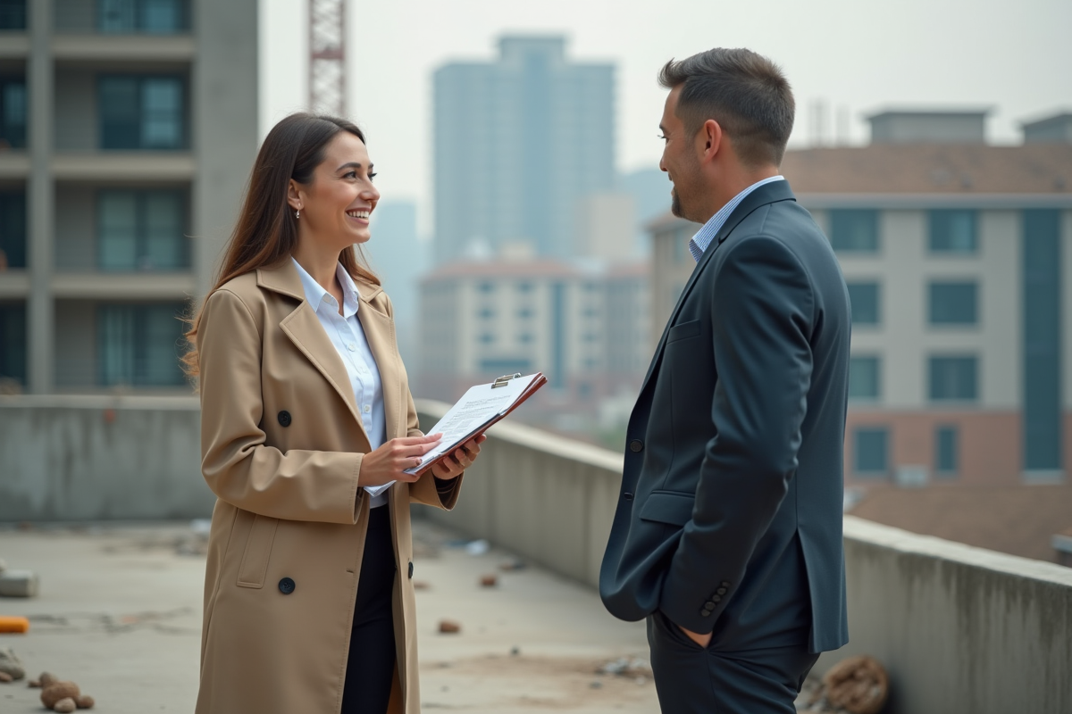 Jeune femme agent immobilier discute devant un bâtiment en construction