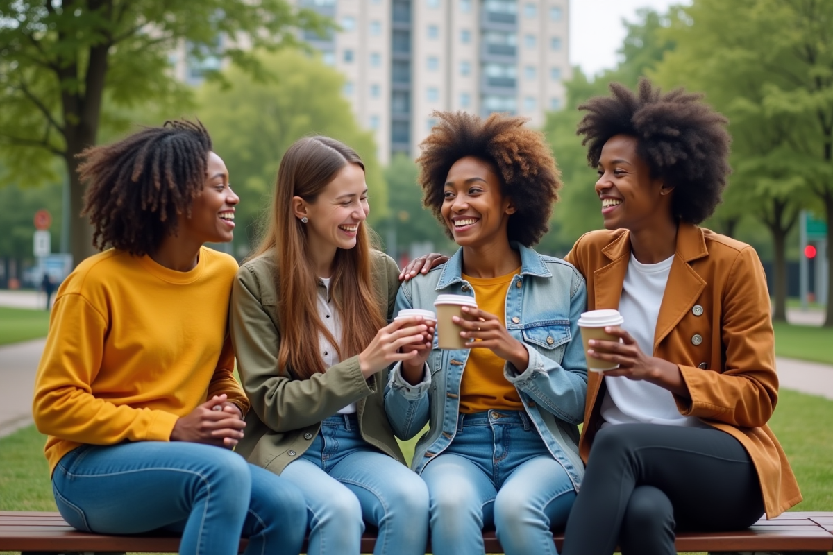 Quatre amis riant sur un banc dans un parc urbain