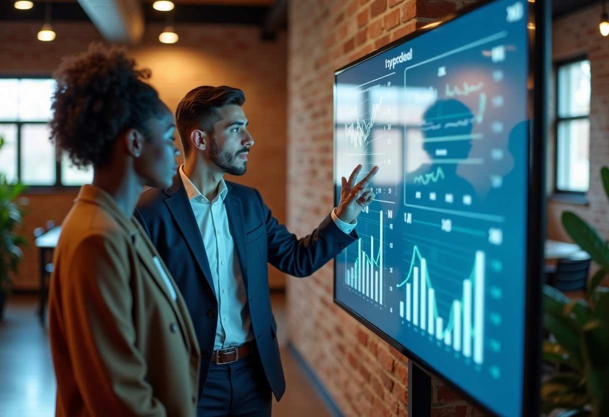 Groupe de jeunes adultes discutant autour d un écran interactif