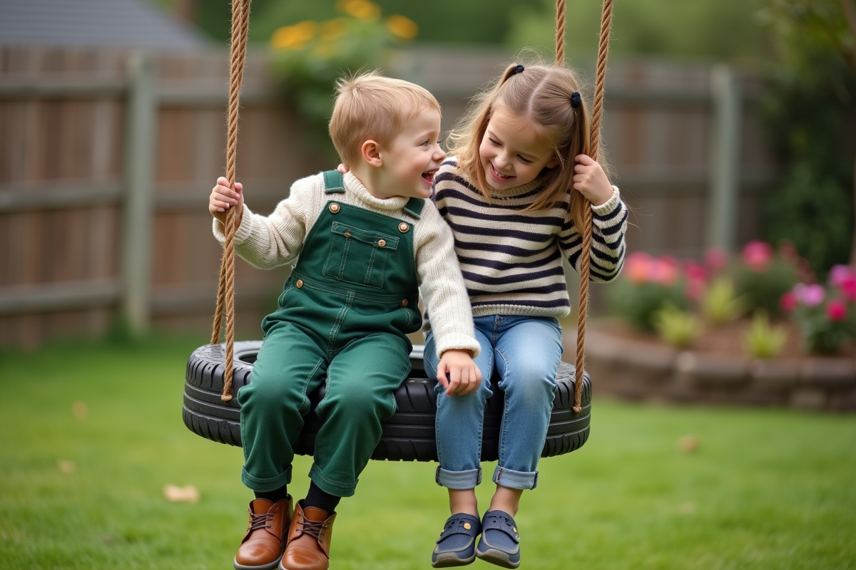Deux enfants jouant sur une balançoire dans un jardin
