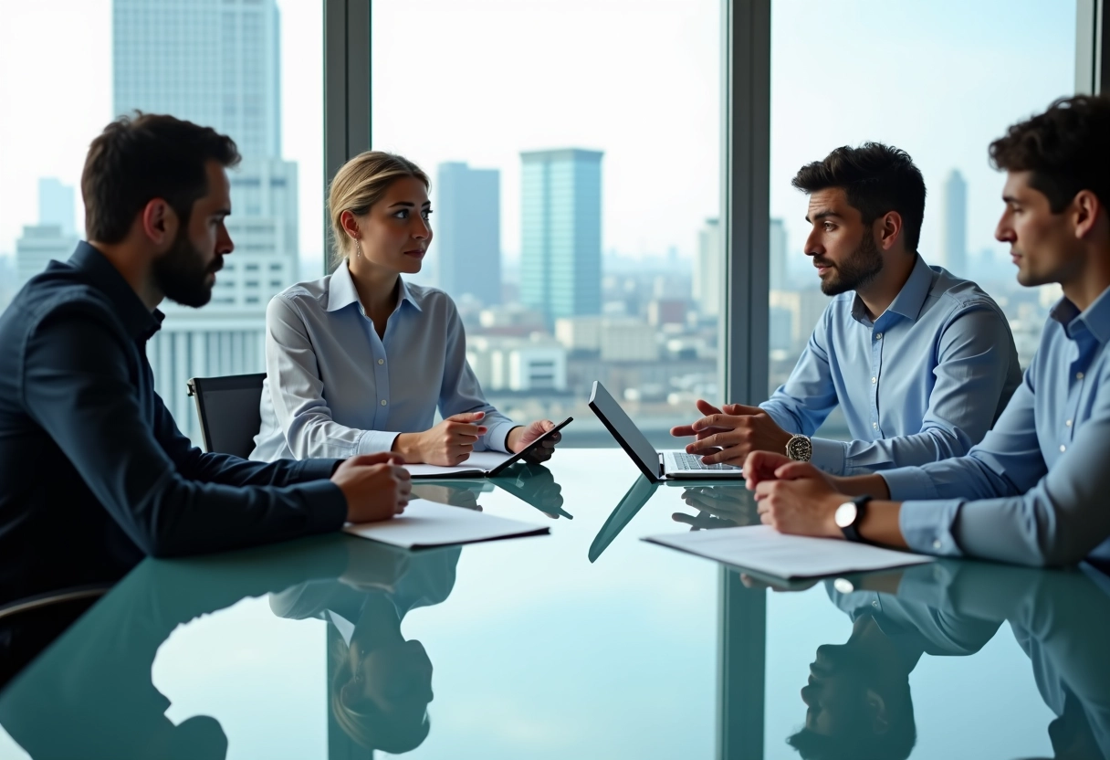 Groupe de collègues en réunion avec skyline en arrière-plan