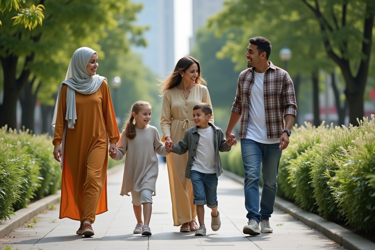 Famille multiculturelle se promenant dans un parc urbain en famille