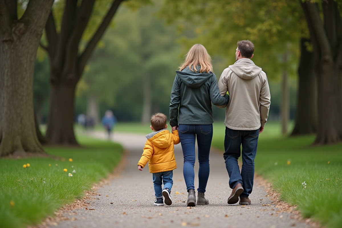 Famille marchant dans un parc verdoyant