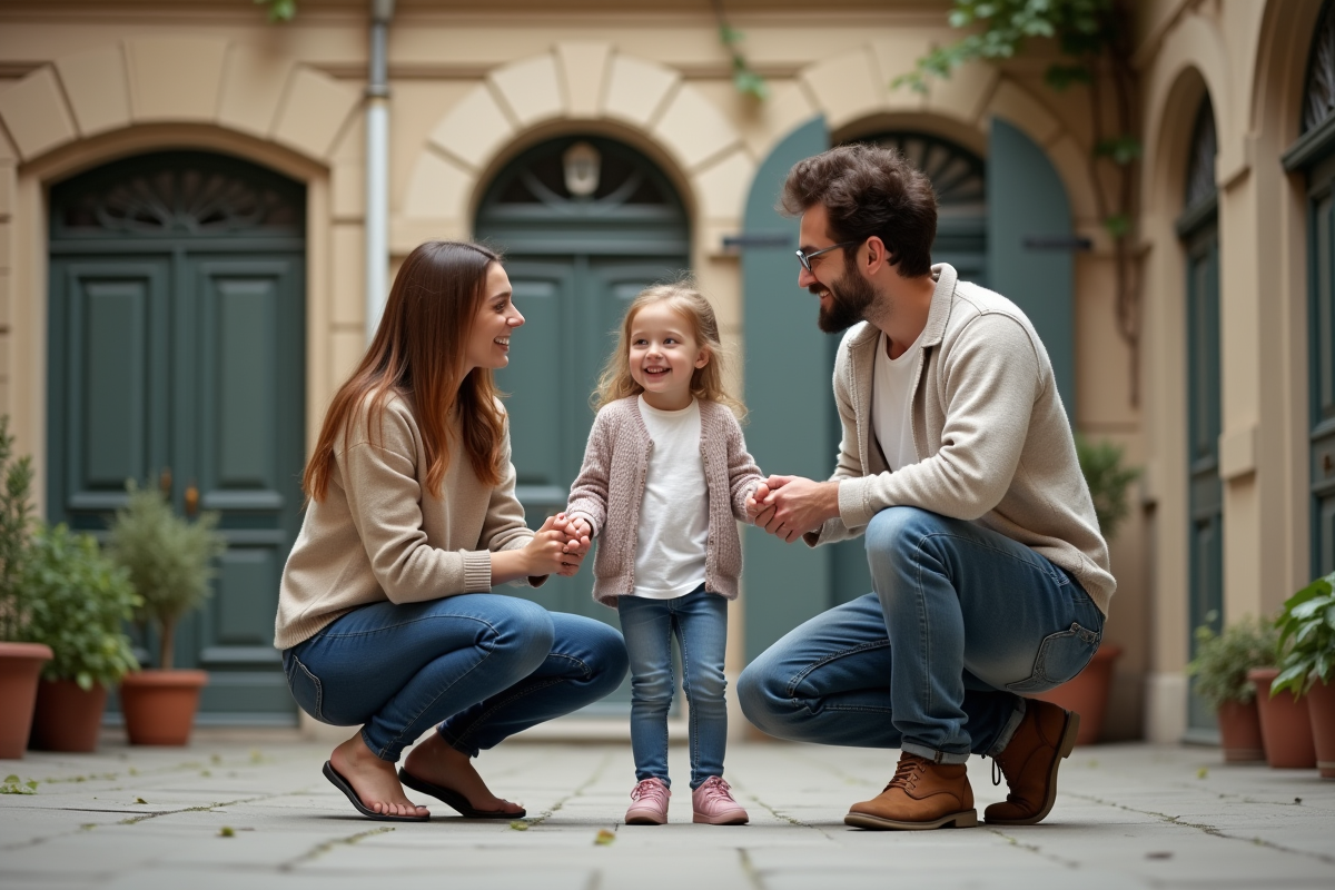 Famille française dans la cour d un immeuble parisien