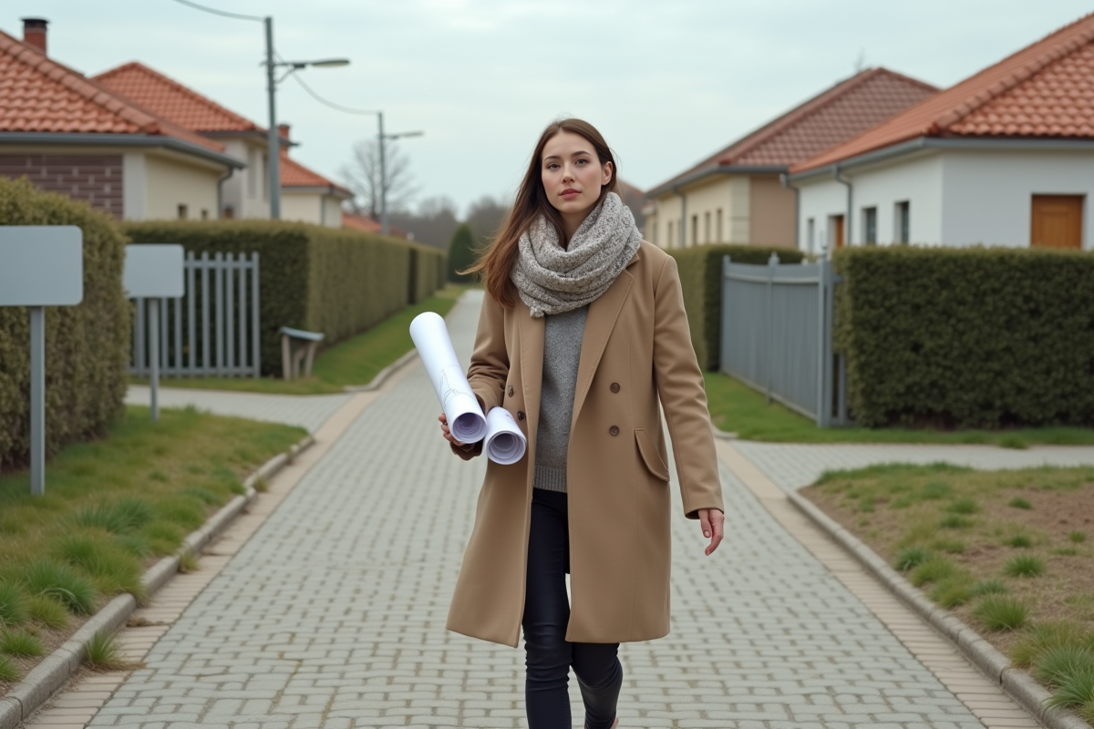 Jeune femme regardant un terrain vacant avec plans architecturaux