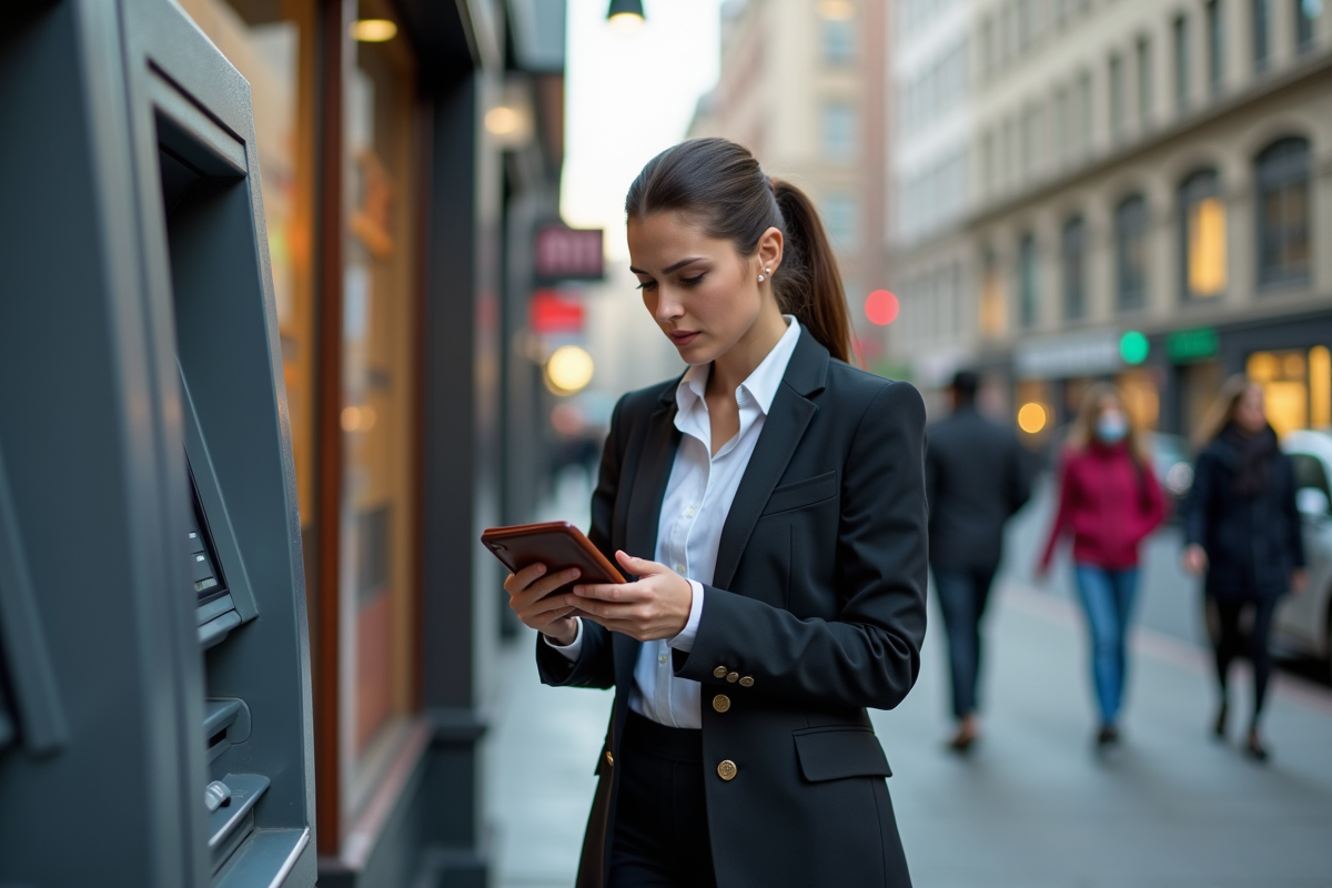 Jeune femme vérifiant son relevé bancaire à un distributeur