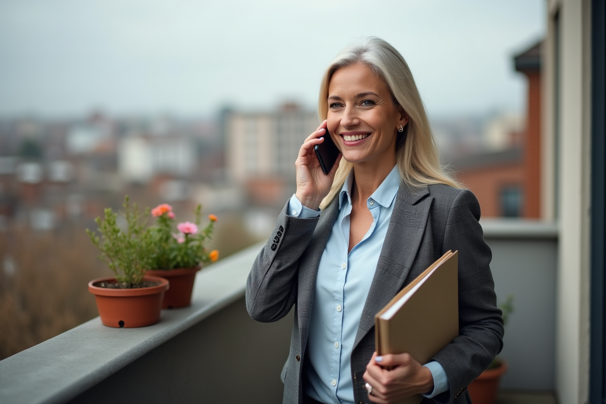Femme souriante parlant au téléphone sur son balcon urbain