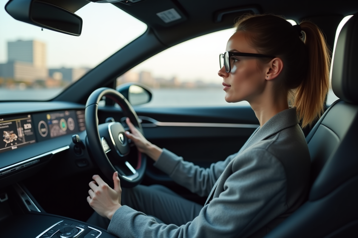 Jeune femme dans la voiture avec tableau de bord numérique futuriste