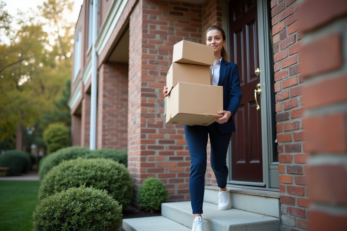 Jeune femme en déplacement avec des cartons devant une maison en briques