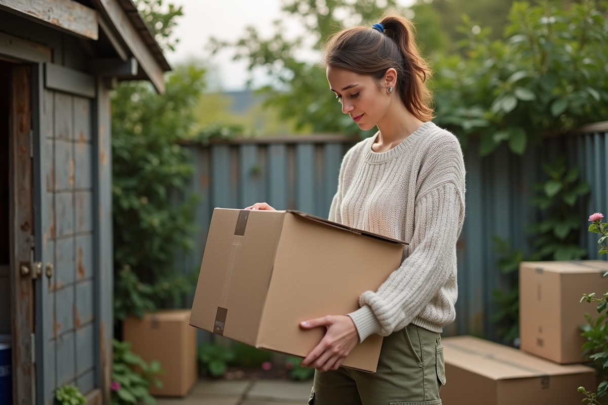 Jeune femme inspectant une boîte de déménagement dans un jardin