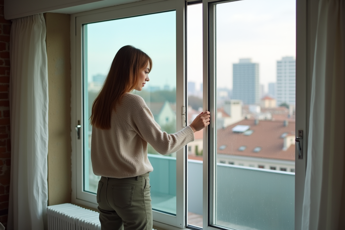 Jeune femme scellant une fenêtre double vitrage dans son appartement