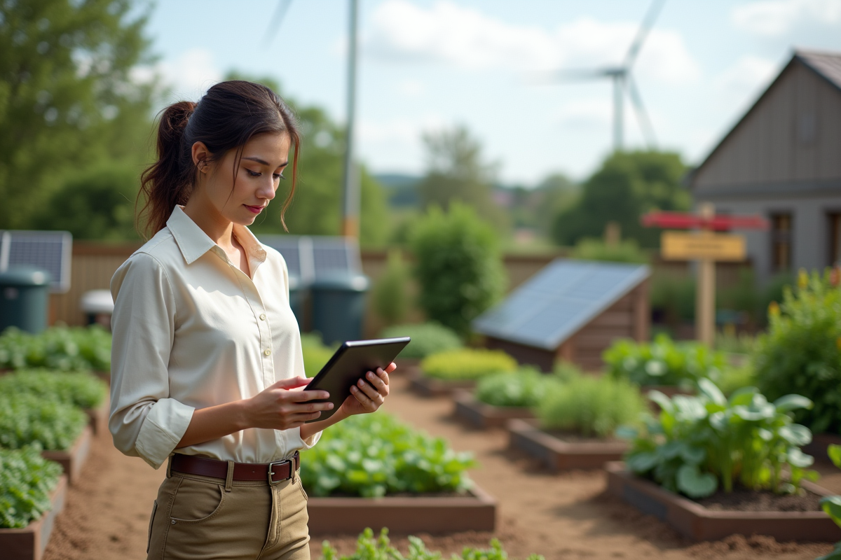 Jeune femme dans un jardin communautaire avec panneaux solaires