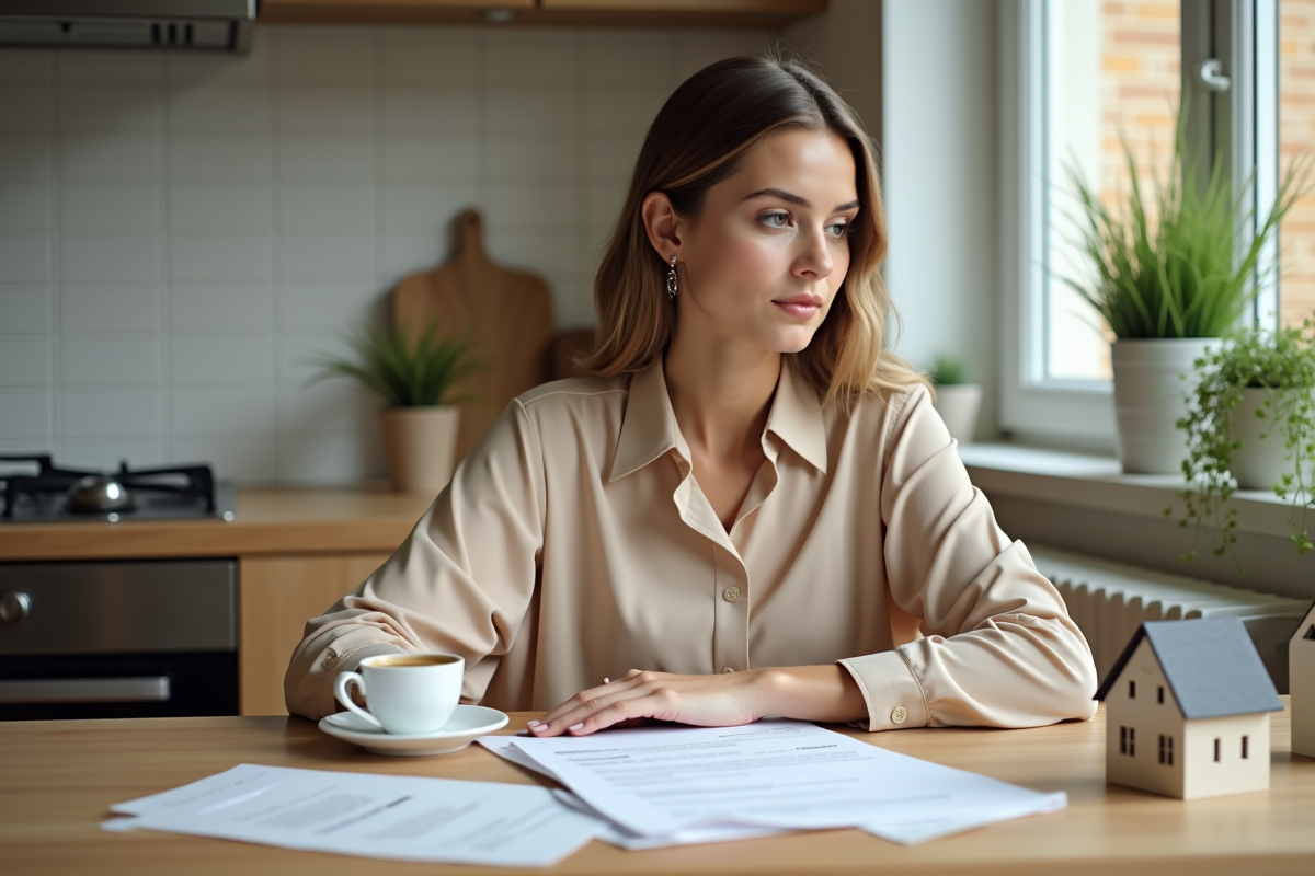 Jeune femme examinant une notice fiscale immobilière dans sa cuisine lumineuse