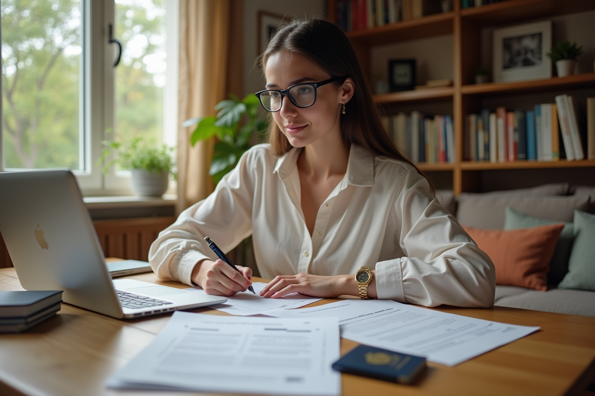 Jeune femme à la maison remplissant ses formulaires fiscaux