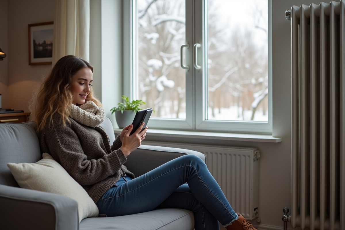 Jeune femme compare des radiateurs avec une tablette dans un salon