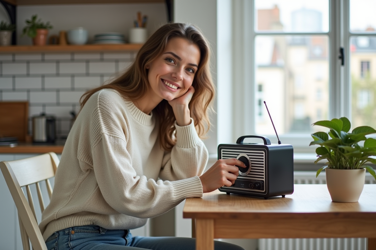 Femme regardant la radio dans sa cuisine à Paris