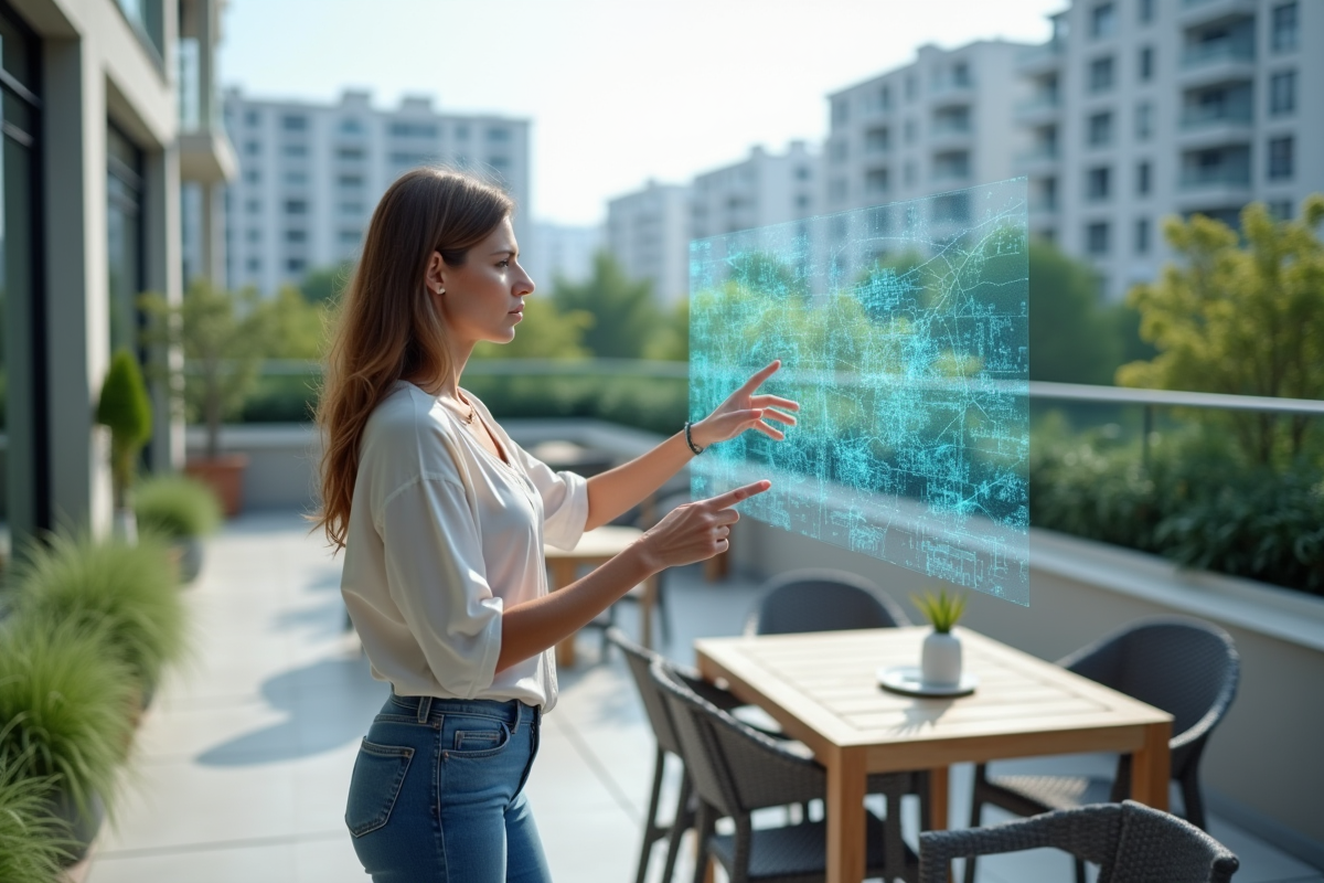 Femme interagit avec une carte virtuelle en réalité augmentée sur une terrasse