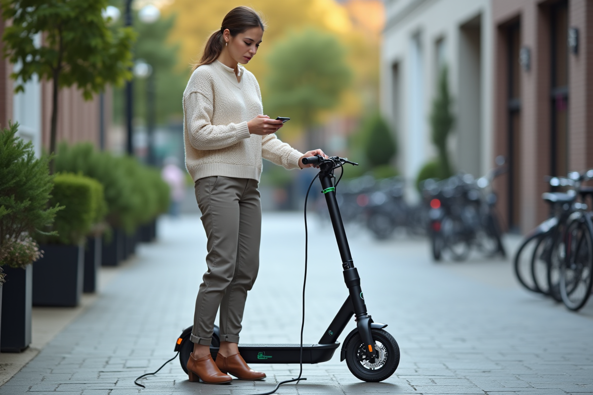 Femme vérifiant le câble de charge de son scooter électrique