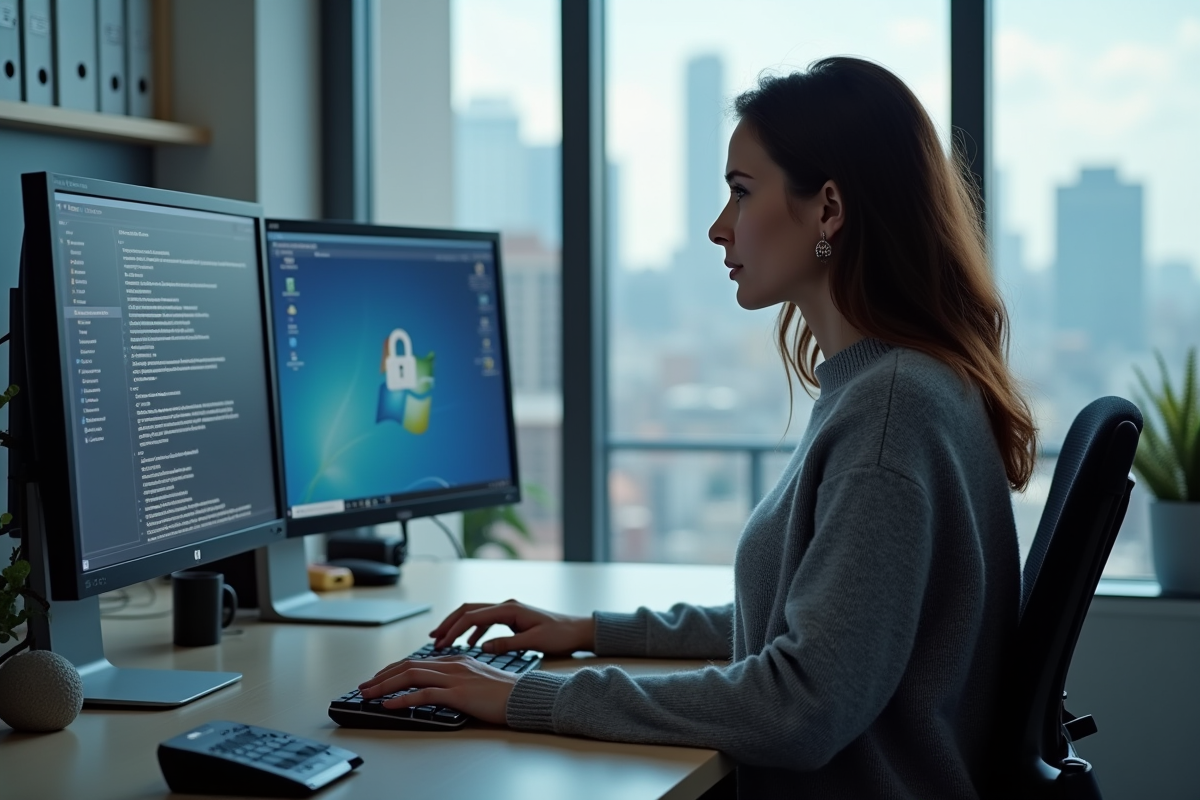 Femme en gris effectue une analyse de securite sur son ordinateur