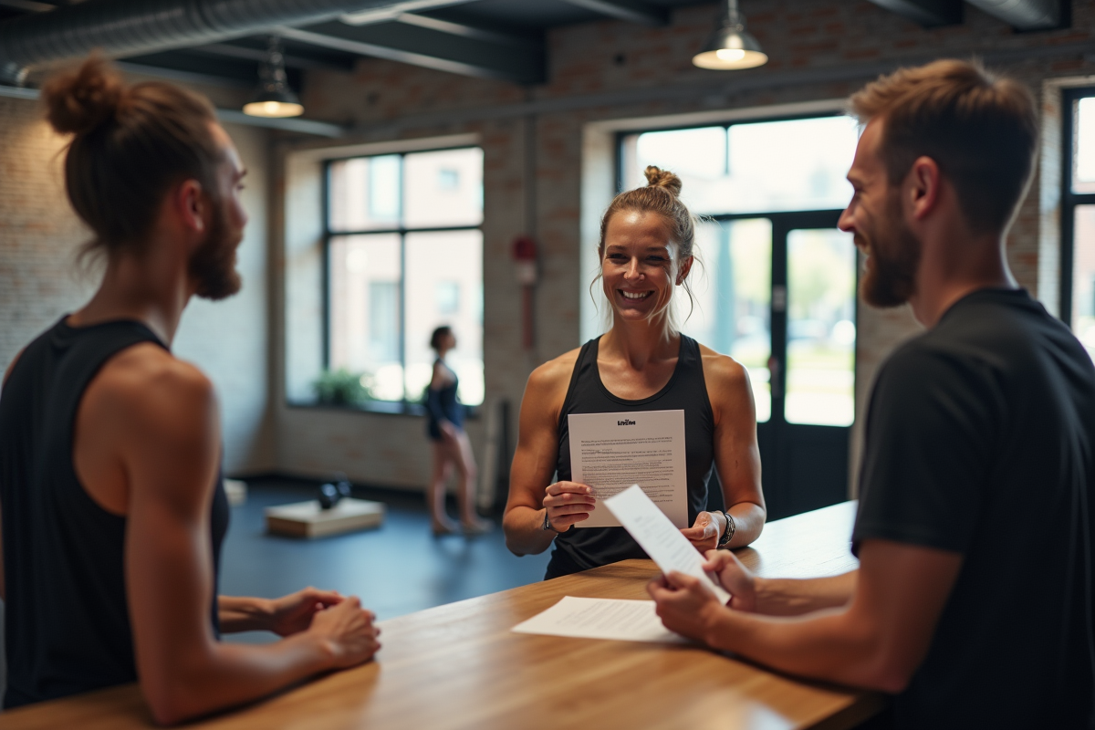 Femme confiante discutant avec le staff dans un gym à Lyon