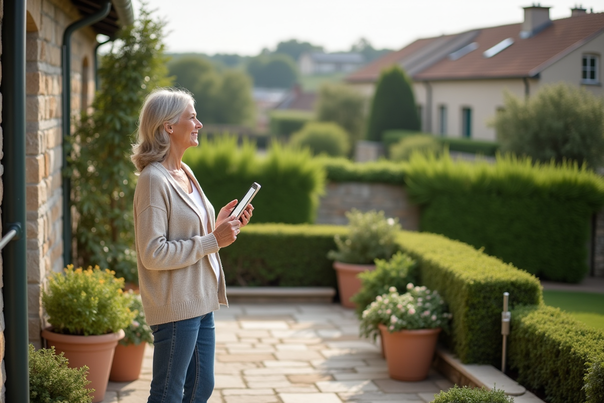 Femme souriante sur terrasse avec tablette et jardin