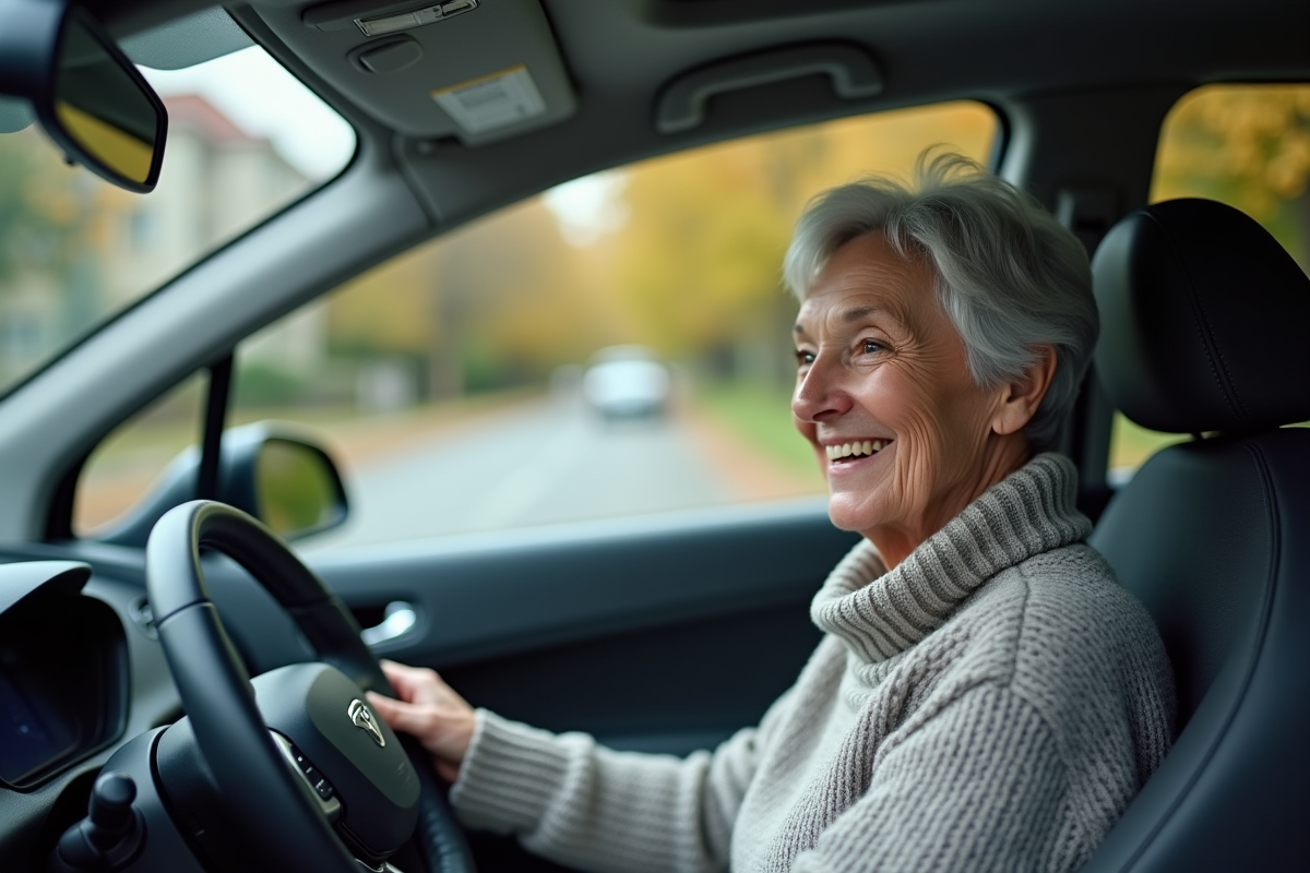 Femme âgée dans la voiture électrique souriante à l