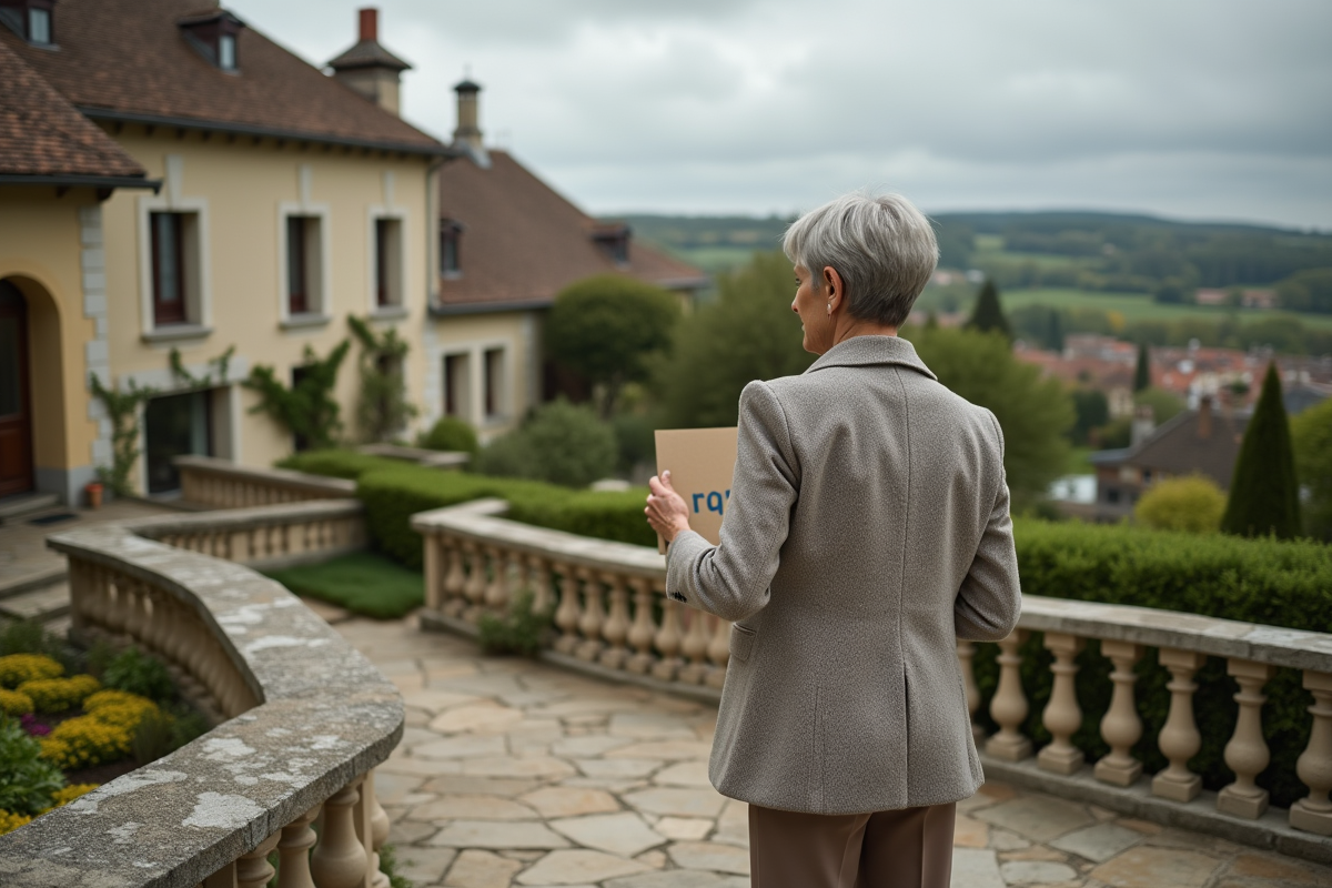 Femme senior tenant une pancarte a vendre devant une villa française