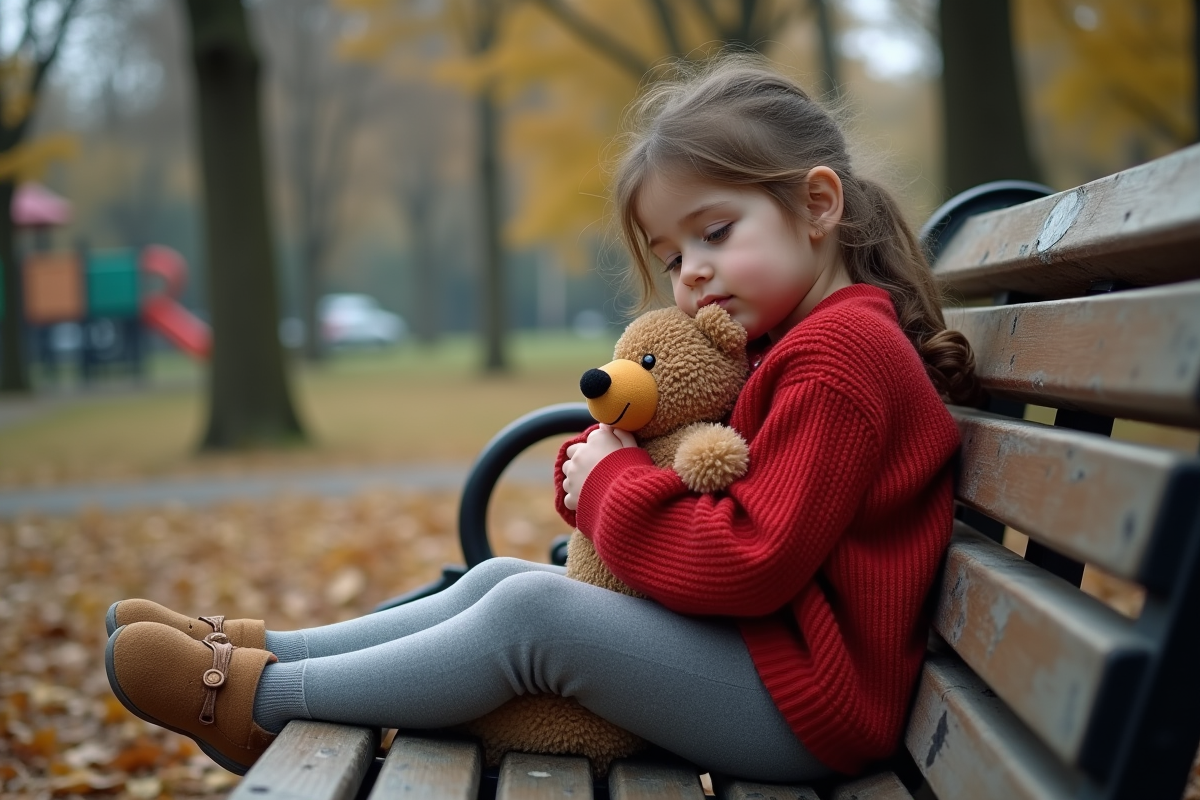 Jeune fille assise sur un banc de parc avec peluche