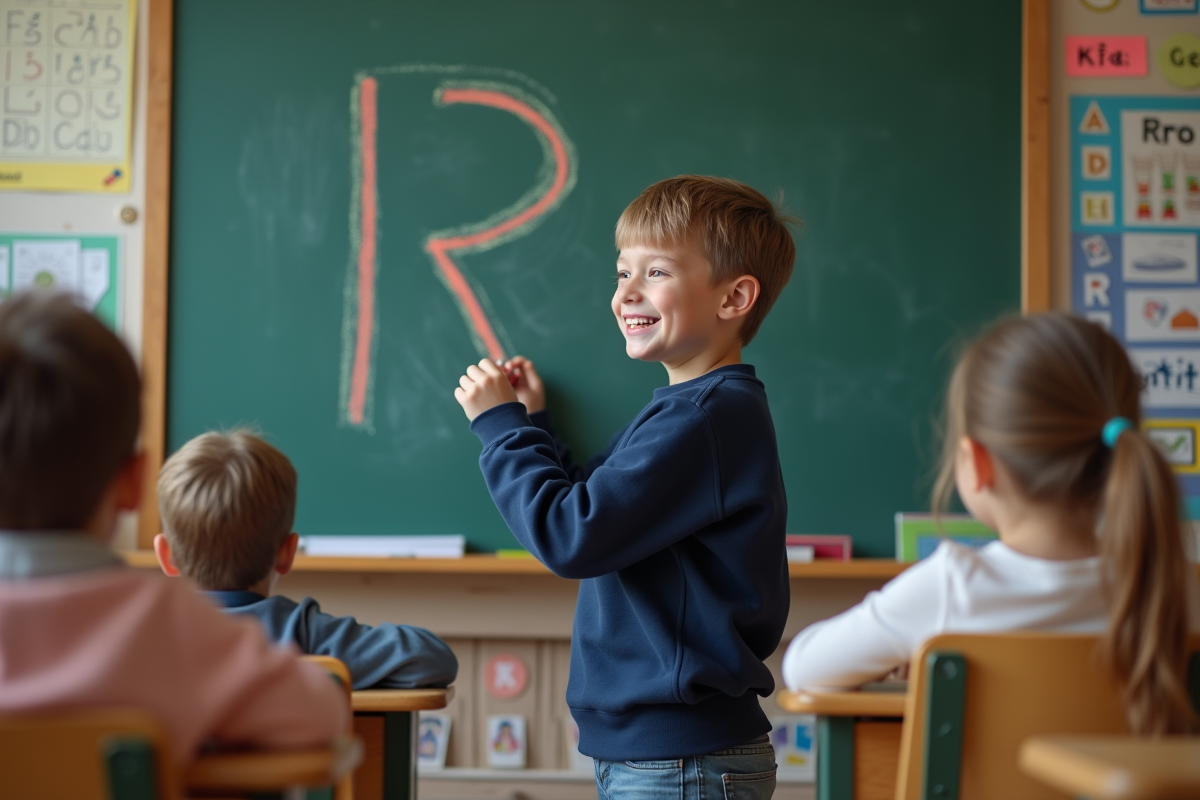 Garçon souriant trace la lettre R au tableau en classe