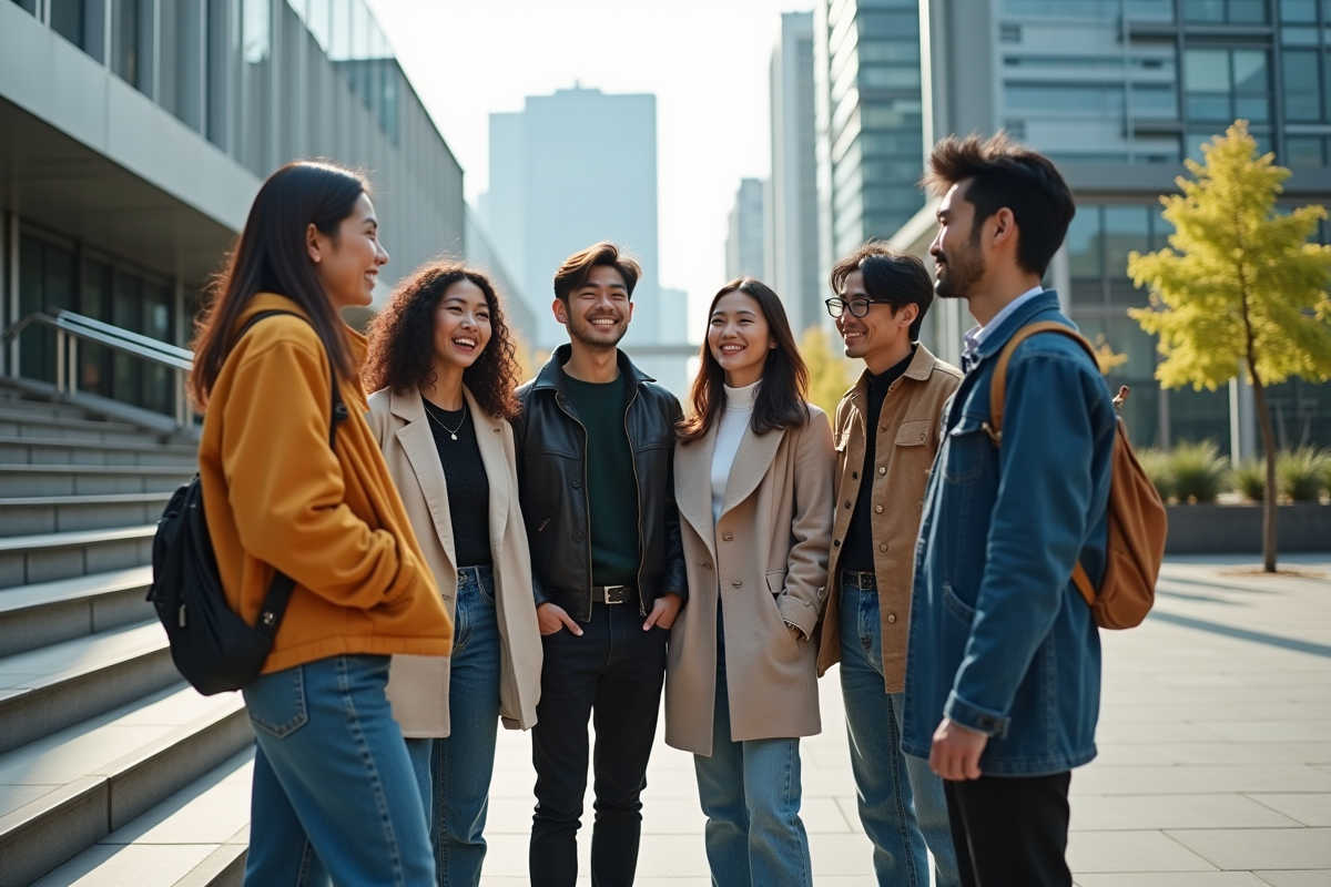 Groupe de personnes mode dans une place moderne de Seoul