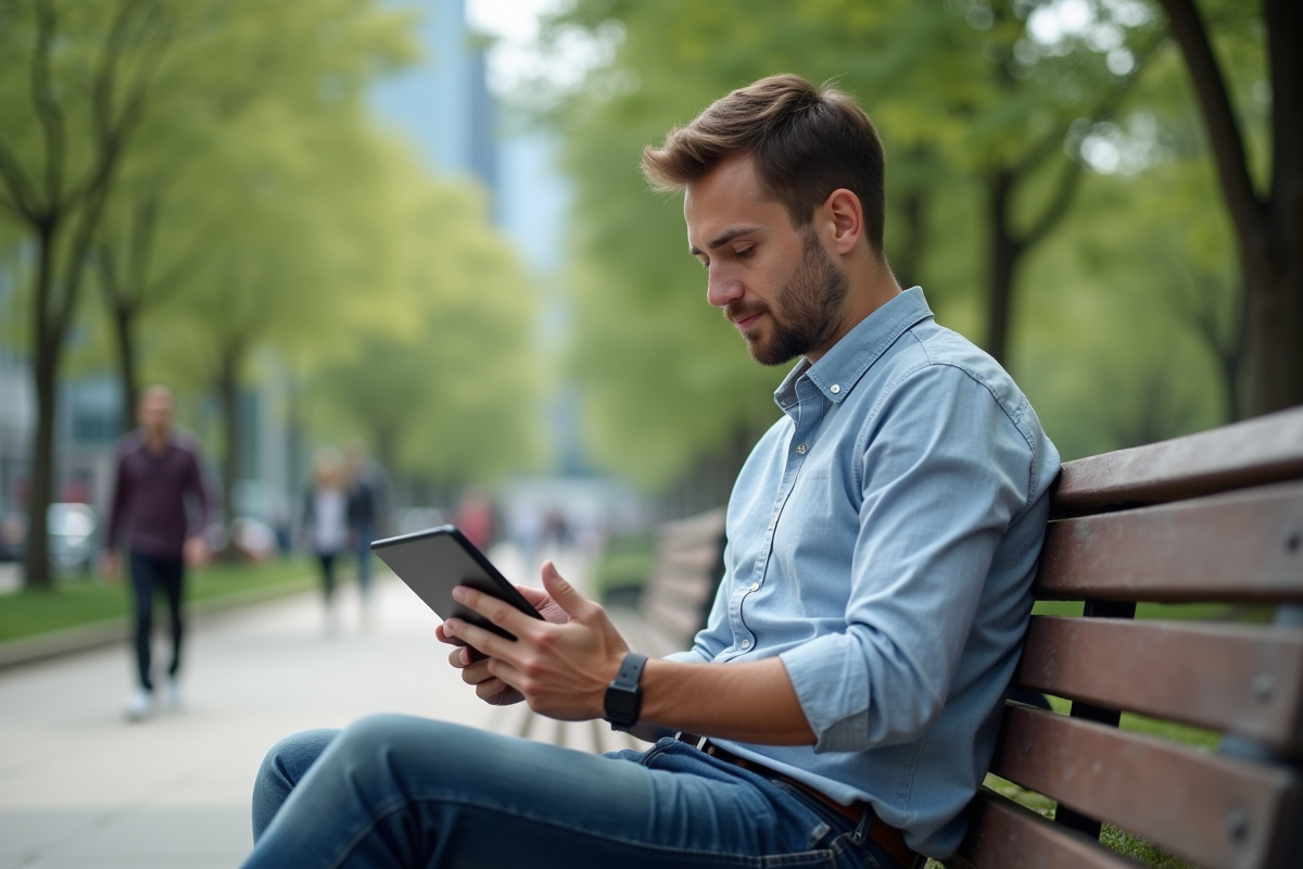 Homme utilisant une tablette dans un parc urbain