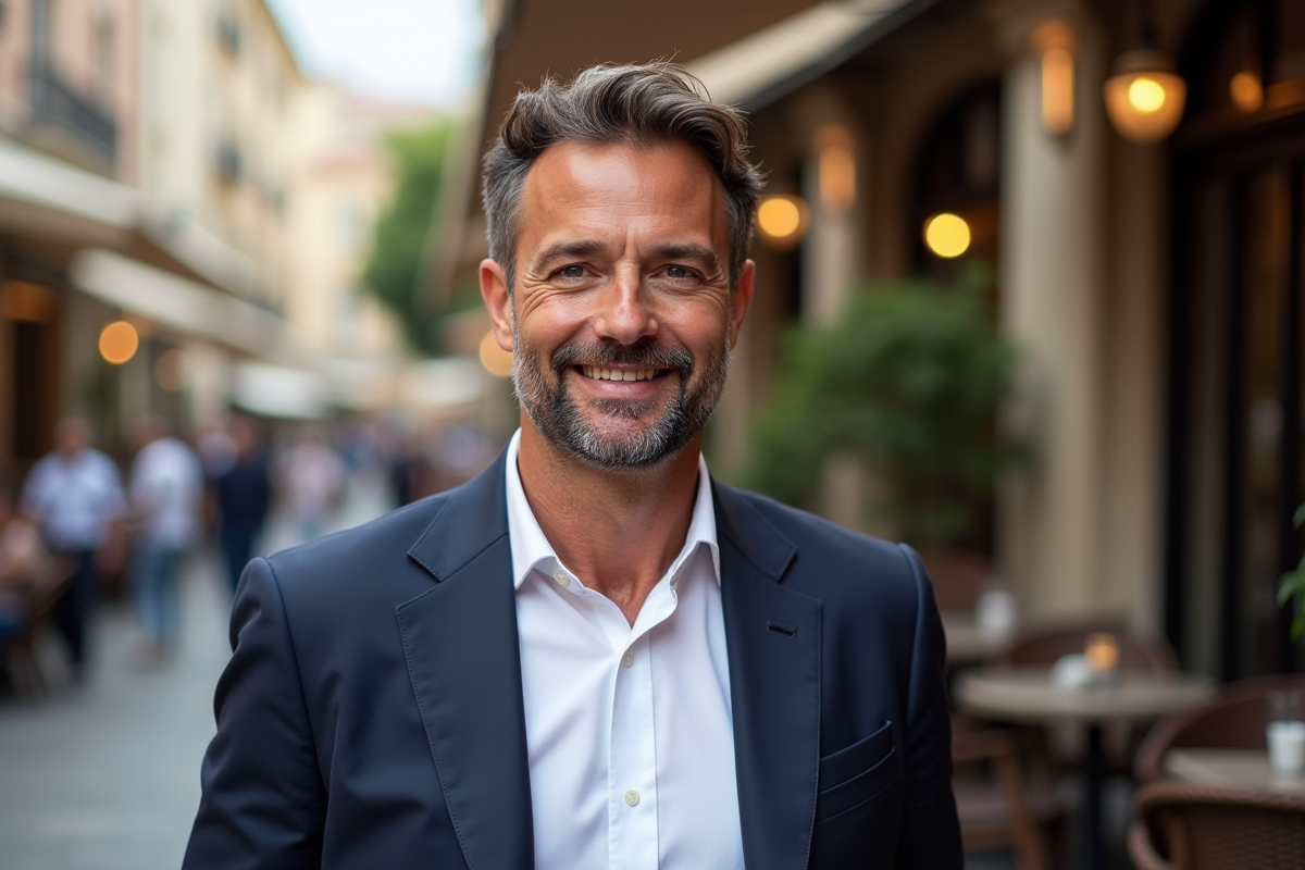 Homme confiant en terrasse de café en ville avec façade en pierre