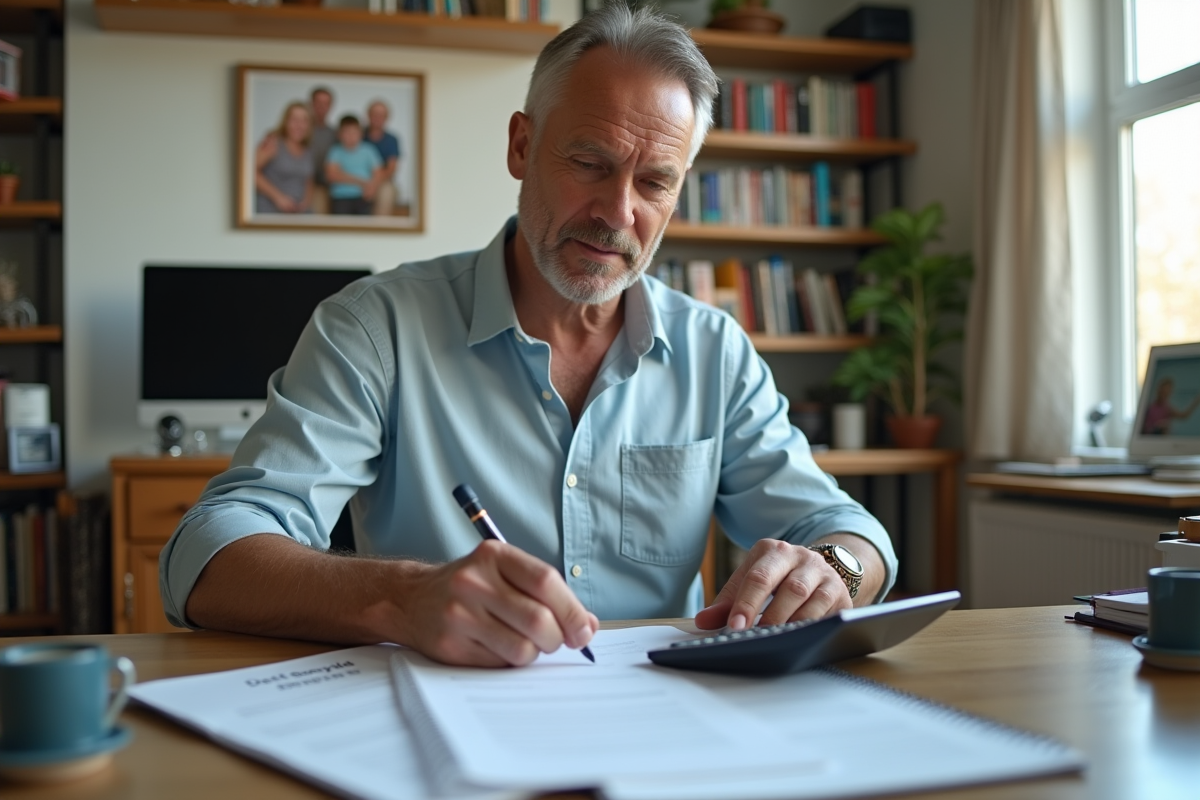 Homme au bureau avec calculatrice et plan de dettes