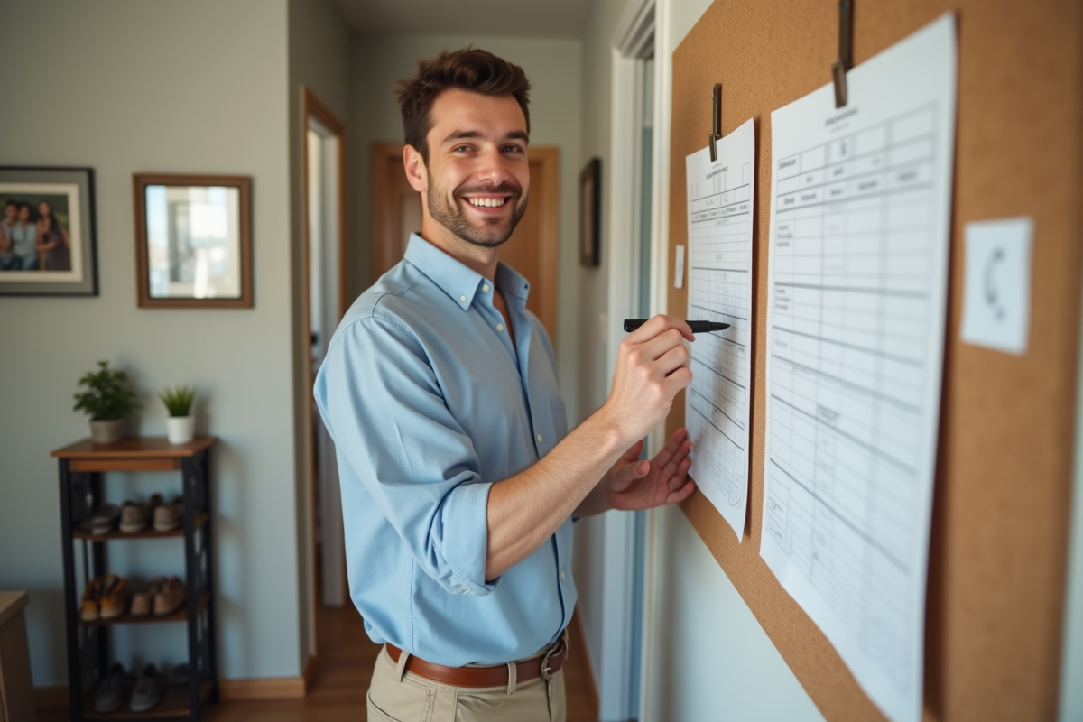 Jeune homme vérifiant une liste de tâches dans le couloir