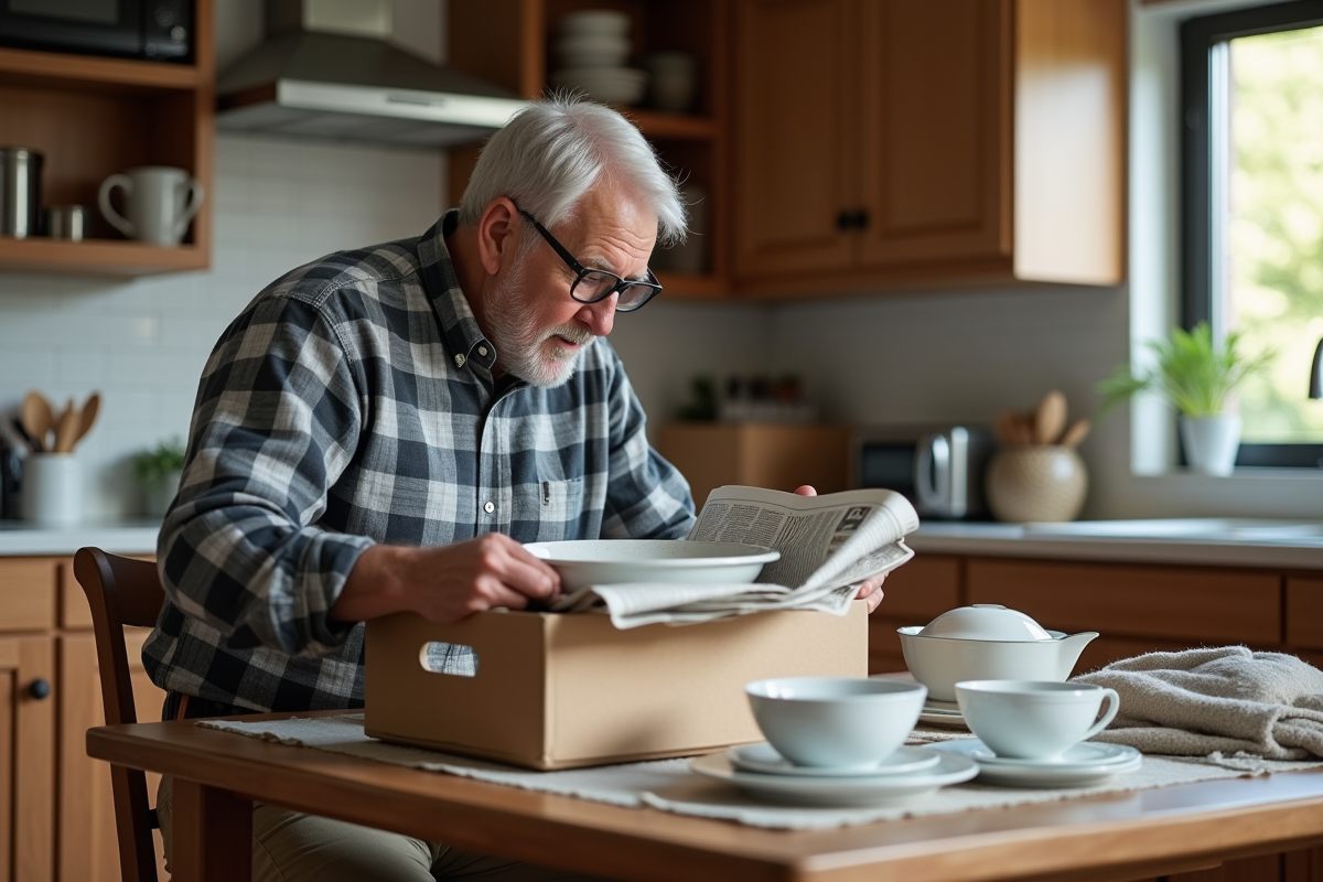 Homme âgé emballant des assiettes en papier dans la cuisine